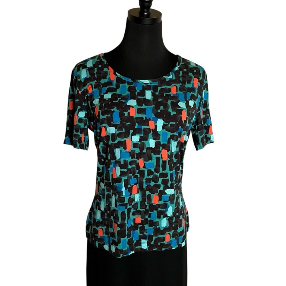 St. John Short Sleeve Abstract Print Tee in Black, Teal & Coral